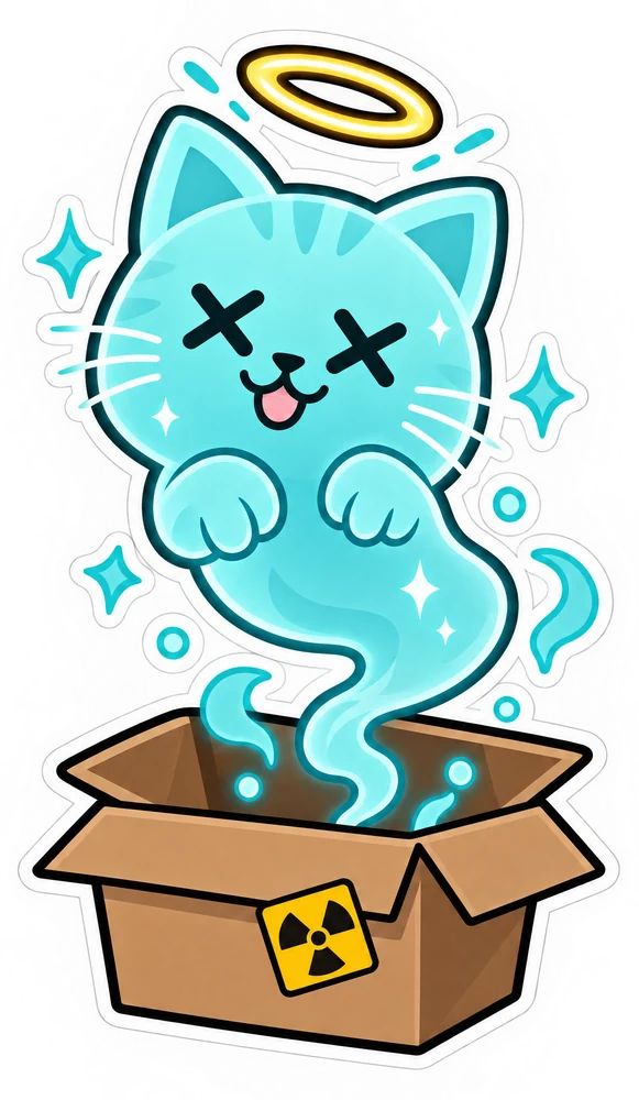 The cat floating out of its box as a ghost