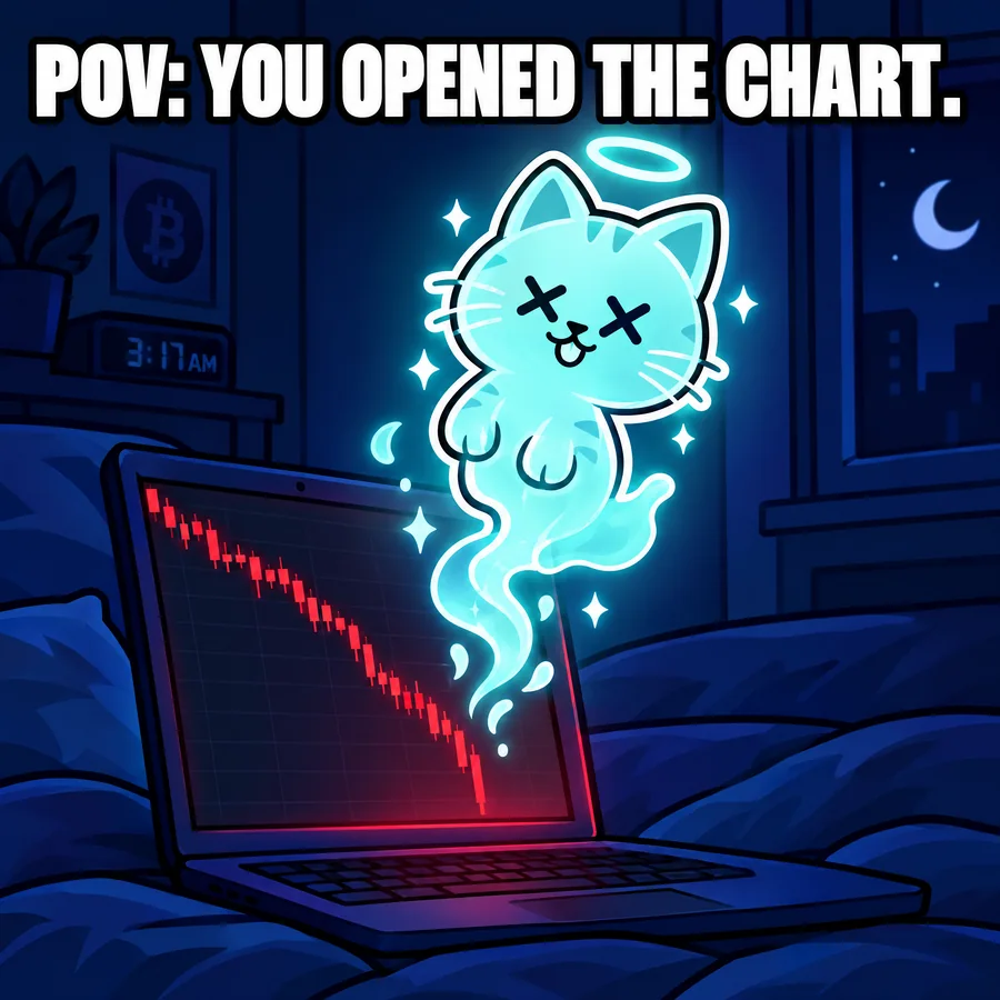 Meme: POV, you opened the chart. The cat floats out of a laptop as a ghost over a red chart.