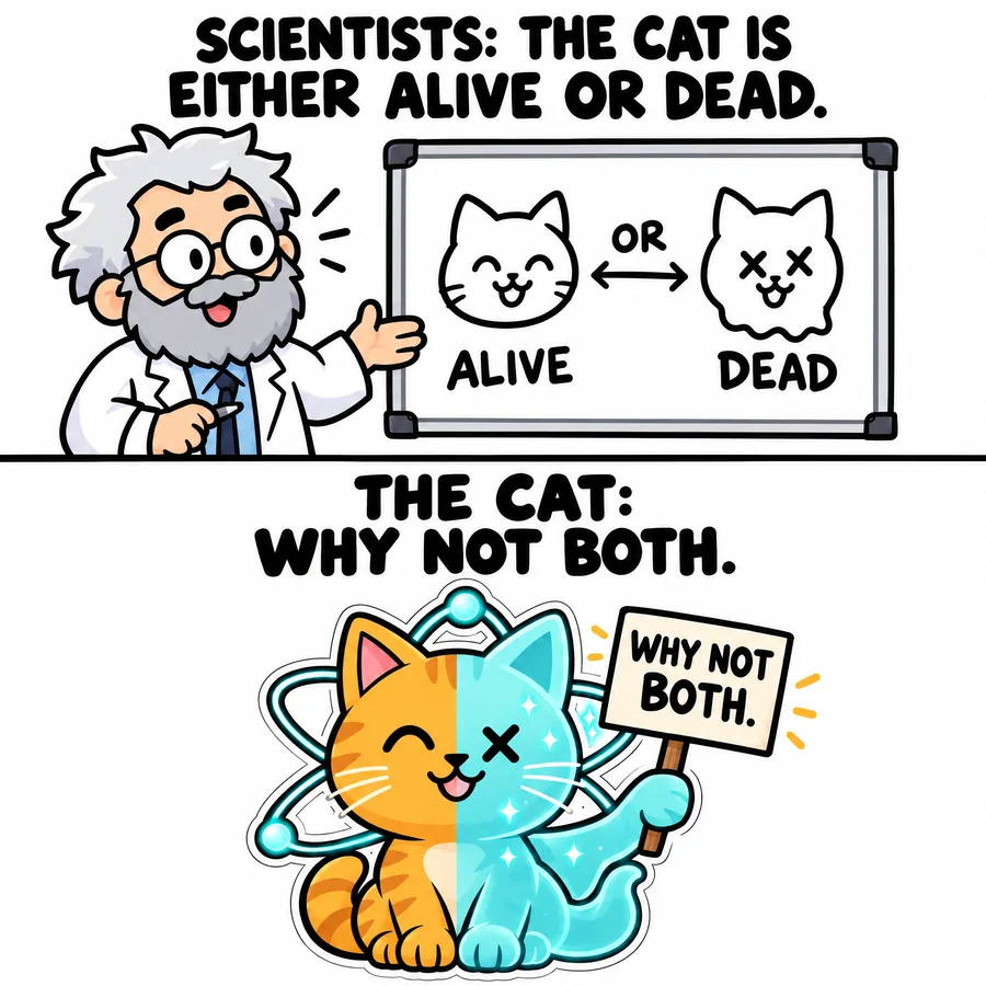 Meme: scientists say the cat is either alive or dead; the cat holds a sign that says why not both.