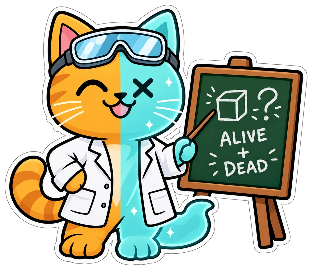 The QUANTICATE cat in a lab coat, pointing at a chalkboard that says alive plus dead